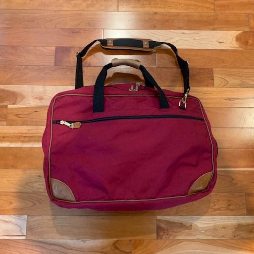 Vintage LL Bean Freeport Maine Maroon Leather / Canvas Travel Bag